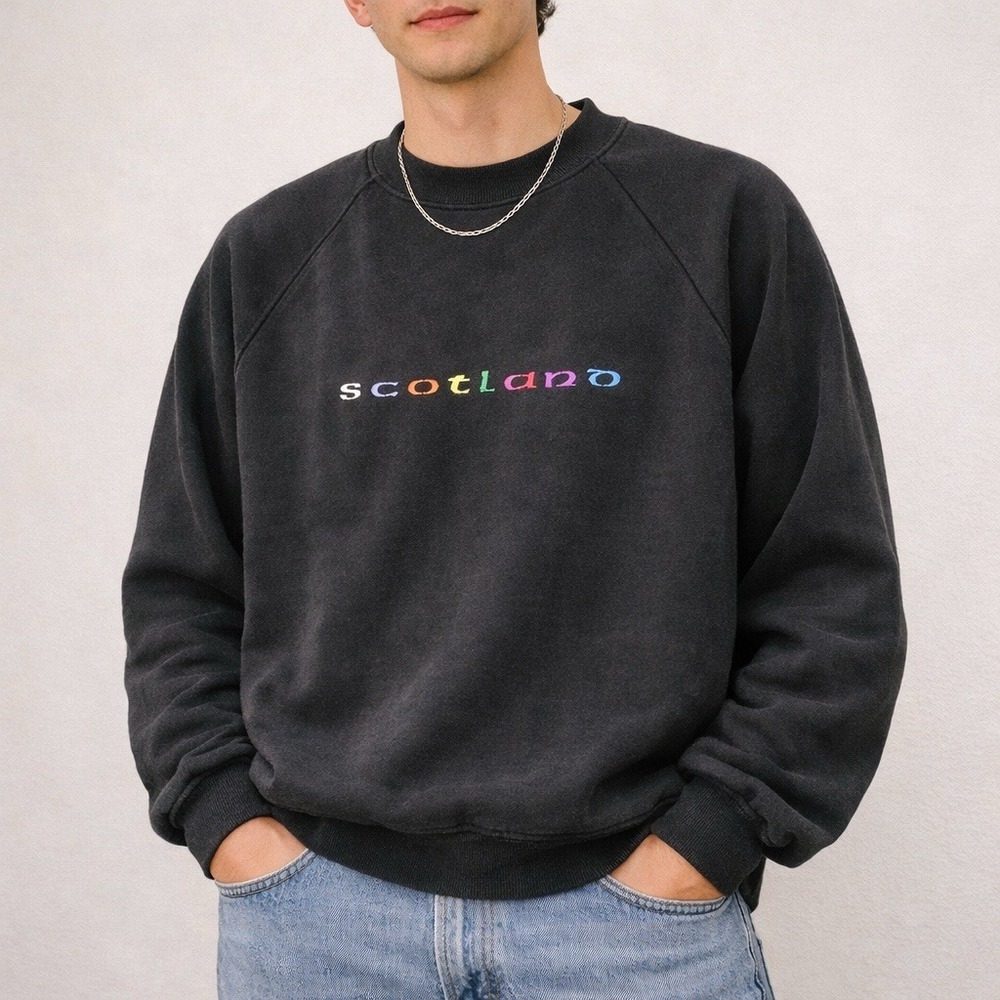 VTG Scotland‎ Embroidered Crew Sweatshirt Mens L Black Screen Stars Ireland 90s